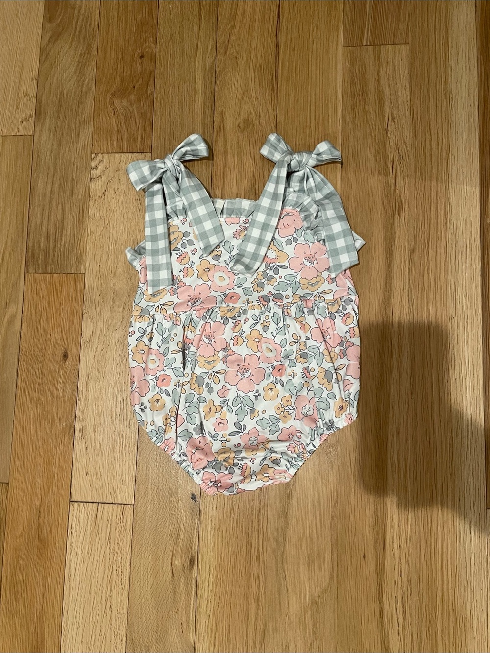 Floral Baby Bubble Romper with Gingham Bow Straps 2T